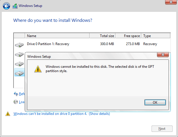 The Selected Disk is of the GPT Partition Style